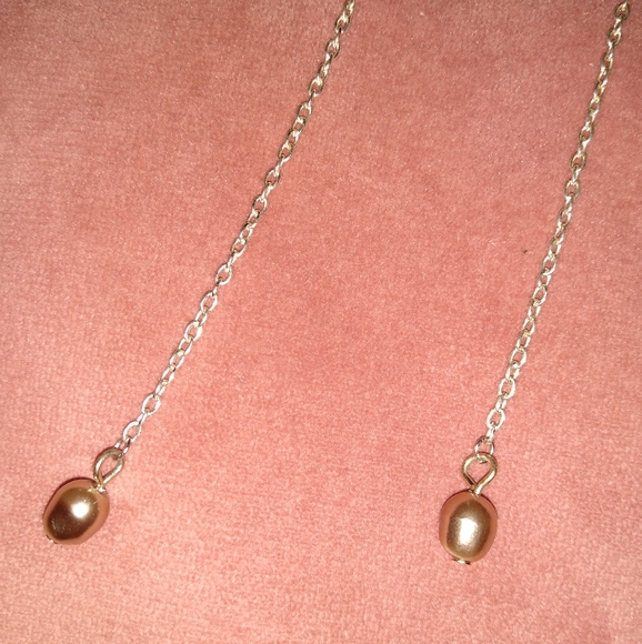 Solid 925 Sterling Silver Long Chain Champagne Pearl Handmade Earrings New - Picture 4 of 9